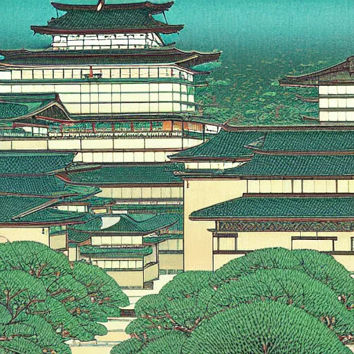 Image similar to a city full of various plants, Kawase Hasui,