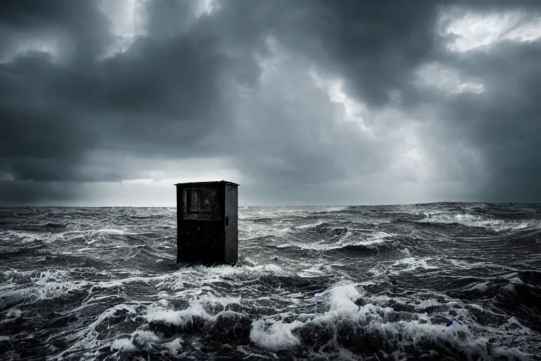 Image similar to danila tkachenko, low key lighting, an abandoned soviet building block in the middle of the ocean, storm, lighning storm, crashing waves, dramatic lighting