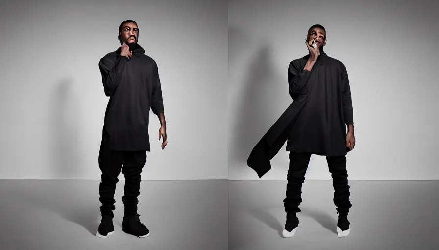 Image similar to high quality studio photo shoot of a male model modelling yeezy inspired futuristic hoddle mockup, final product shot, studio lighting, all round angle. trending on futuristic fashion instagram.