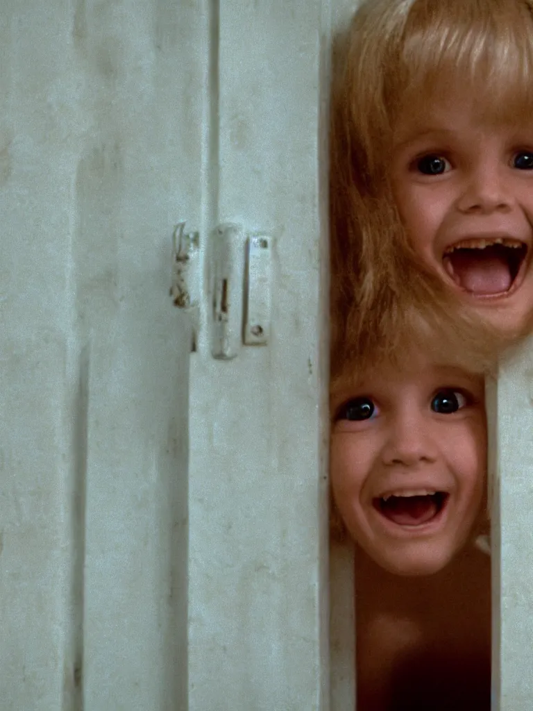 Image similar to a cute little blonde kid trying to see through a huge vertical crack on a white wooden door and grinning maniacally, a still from the 1980 movie the shining, realism, 4k, grainy, panavision