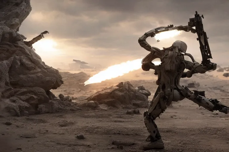 Image similar to vfx movie, sci - fi super soldier in worn military futuristic armor, leaping with futuristic rifle in alien technology temple, by emmanuel lubezki