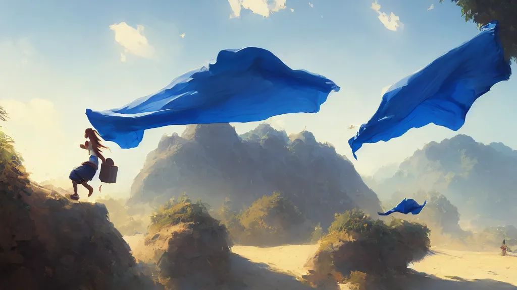 Prompt: girl stealing the boy blue flag, fantasy world, painted by sylvain sarrailh, rhads, ferdinand knab, trending on artstation