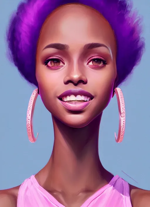 Prompt: portrait of vanessa morgan, black teenage girl, pink hair, pixie haircut, purple cap, hoop earrings, subtle confident smile, intricate, elegant, glowing lights, highly detailed, digital painting, artstation, concept art, sharp focus, illustration, art by wlop, mars ravelo and greg rutkowski