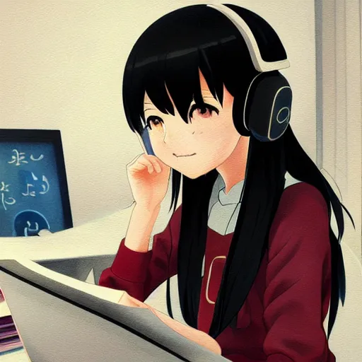 Image similar to Anime portrait painting of a black haired girl wearing headphones while studying in her warm cozy home, by makoto shinkai, relaxed, calm, atmospheric, peacefull, trending on artstation, kimi no na wa