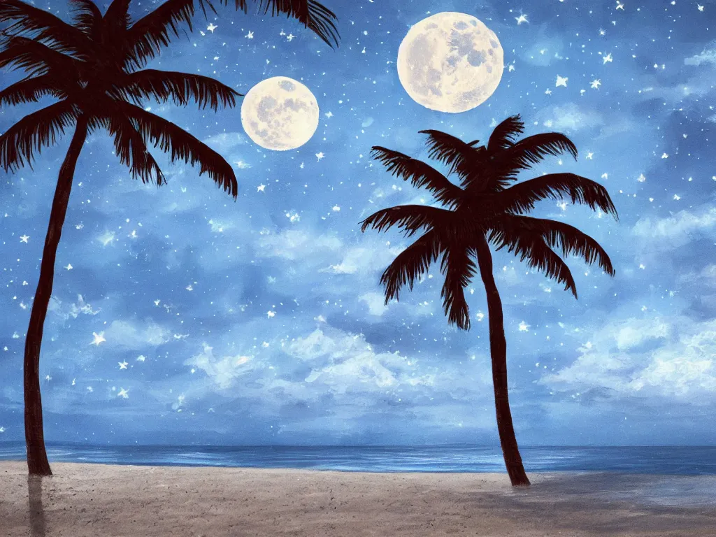 Image similar to night on a summer beach in miami, palm trees, footprints in the sand, full moon, moon reflected in the calm ocean, starry sky 8 k, ultra detailed, trending on artstation, digital painting