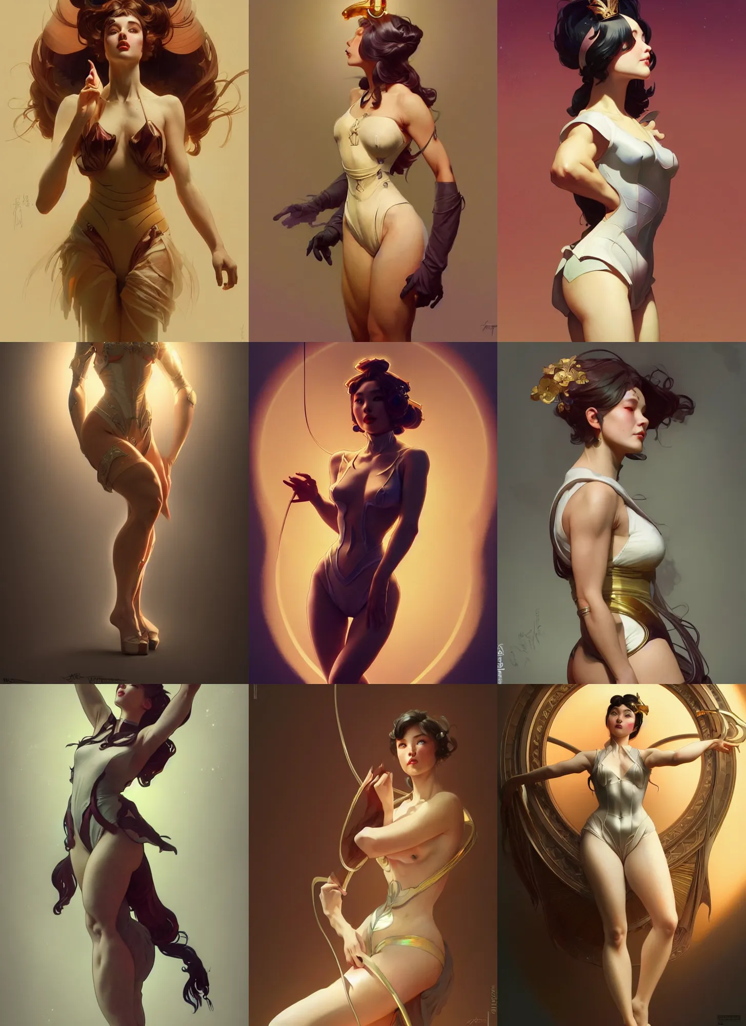 Image similar to digital concept art by artgerm, tooth wu, bierstadt, gurney, stalenhag and alphonse mucha. just one lonely namilia attctive showgirl!! full body!! contour light effect!! 8 k, stage light. octane render. sharp edge. ultra clear detailed, sitting pose