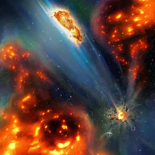 Image similar to a gigantic starship destroyed exploding on fire viewed from deep space that is starfilled,