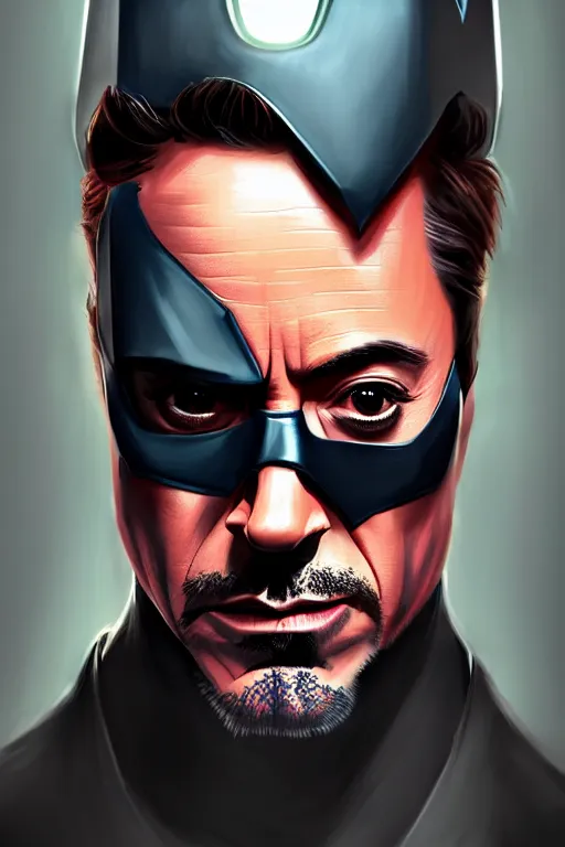 Image similar to robert downey jr as batman, portrait,, highly detailed, digital painting, artstation, concept art, smooth, sharp focus, illustration, cinematic lighting,