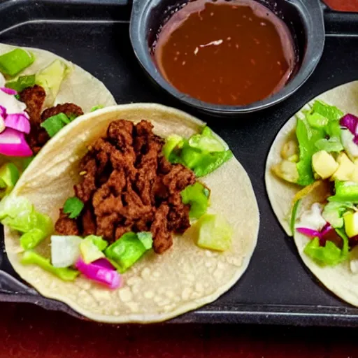 Prompt: tacos filled with pink slime, dirt, and mold. a fat man licks his lips looking at the tacos.