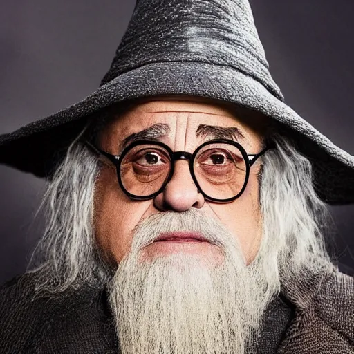 Image similar to danny devito starring as gandalf the white in the 2 0 2 4 lord of the rings movie smoking, full body, hyper realistic, high quality, wide angle