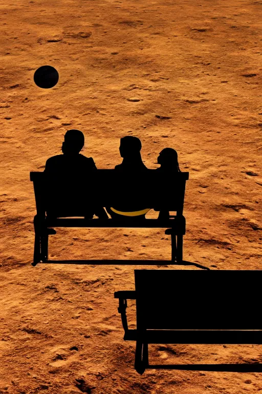 Image similar to Silhouette of a Couple sitting on a bench on the moon with a view of planet earth, photorealistic, high resolution, award winning, trending on artstation.