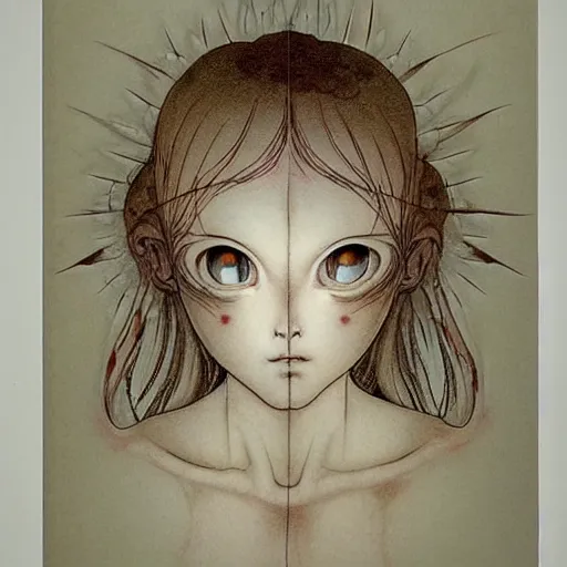 Image similar to prompt: Fragile looking vessel portrait face drawn by Katsuhiro Otomo, inspired by Carlo Dolci, magical and alchemical objects on the side, soft light, white background, intricate detail, intricate ink painting detail, sharp high detail, manga and anime 2000