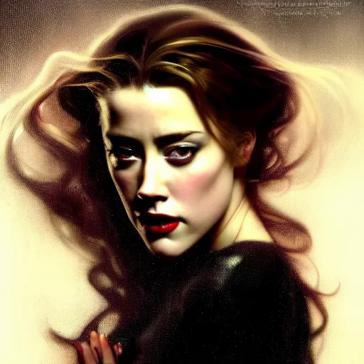 Prompt: hyperrealistic portrait of a woman as amber heard as a vampire witch tears in a black coat closing a window over the shoulder shot falling petals in windy storm hair. by jeremy mann and alphonse mucha, fantasy art, photo realistic, dynamic lighting, artstation, poster, volumetric lighting, very detailed faces, 4 k, award winning