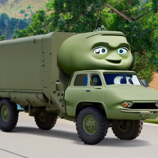 Prompt: HIMARS with eyes and smile, Cars Pixar movie style, detailed, green