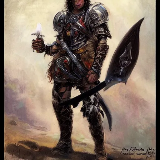 Image similar to portrait of a waifish goth wearing armor and holding sword by frank fazetta, fantasy, barbarian
