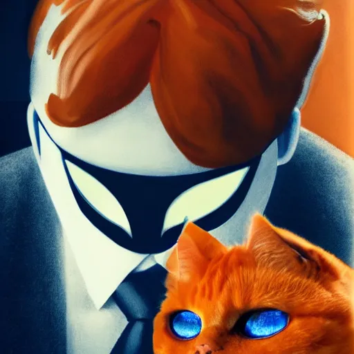Image similar to high quality picture of a man in a suit wearing a latex mask of a sly looking orange/white tabby cat on a dark bg, lit from below by James Jean, natural lighting