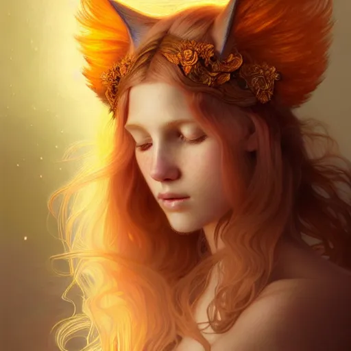 Image similar to Portrait of a girl angel with pale orange colored frizzy strands of illuminated hair, cat ears on her head, glowing halo, Lion's Mane, fantasy, intricate, elegant, highly detailed, digital painting, artstation, concept art, smooth, sharp focus, illustration, art by Krenz Cushart and Artem Demura and alphonse mucha