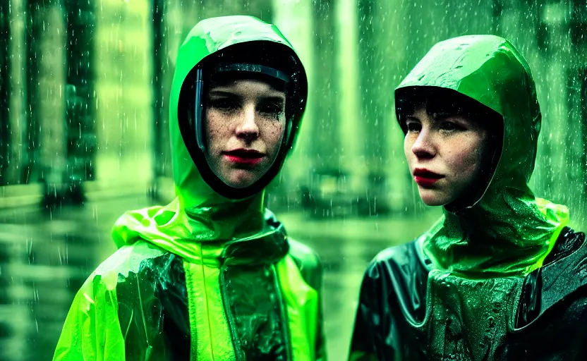 Image similar to cinestill 5 0 d candid photographic portrait by helen levitt of two cyborgs wearing rugged neon green mesh techwear in treacherous waters, extreme closeup, modern cyberpunk moody depressing cinematic, pouring rain, vaporwave, dystopian atmosphere, 8 k, hd, high resolution, 3 5 mm, f / 3 2, ultra realistic faces, ex machina