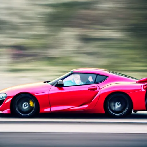 Prompt: toyota supra mk4 at a highway, 35mm, action shot, heavy motion blur, vibrant