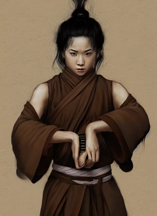 Image similar to portrait of a female drunken master monk exercising by wlop, wuxia, xianxia, drunken boxing, drunken fist, drunken master, dark olive skin, athletic, playful, beautiful, fully clothed, monk's robe, detailed, realistic, anatomically accurate, fantasy illustration, artstation, wlop.