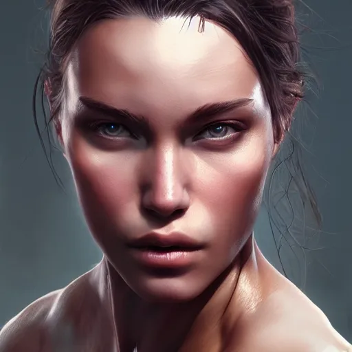 Image similar to a woman with muscles, digital art, photorealistic, unreal engine, 8 k resolution, artstation, beautiful face, pretty face, very detailed eyes, by wlop, greg rutkowski, simon bosley