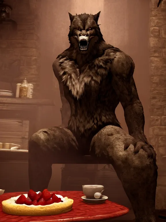 Image similar to cute handsome cuddly burly surly relaxed calm timid werewolf from van helsing sitting down at the breakfast table in the kitchen of a normal suburban home cooking having fun baking strawberry tart cakes unreal engine hyperreallistic render 8k character concept art masterpiece screenshot from the video game the Elder Scrolls V: Skyrim