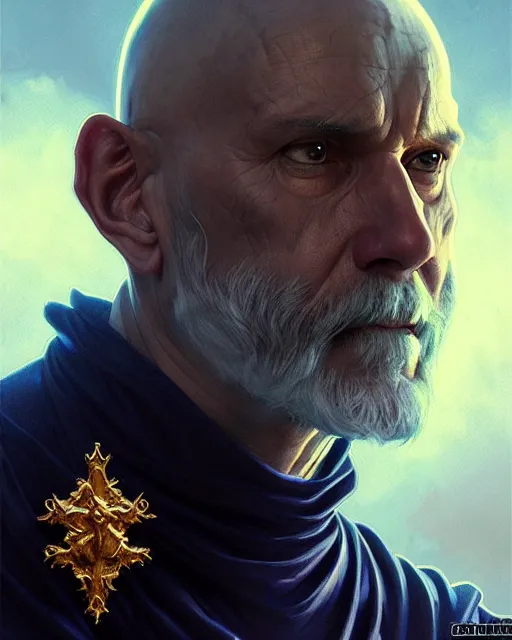 Image similar to realistic wide angle portrait of a nasty bishop, cross, evil, heroic pose, beautiful face, bible, full body, dramatic lighting, intricate, wild, highly detailed, digital painting, artstation, concept art, smooth, sharp focus, illustration, art by artgerm and greg rutkowski and alphonse mucha, footage from space camera