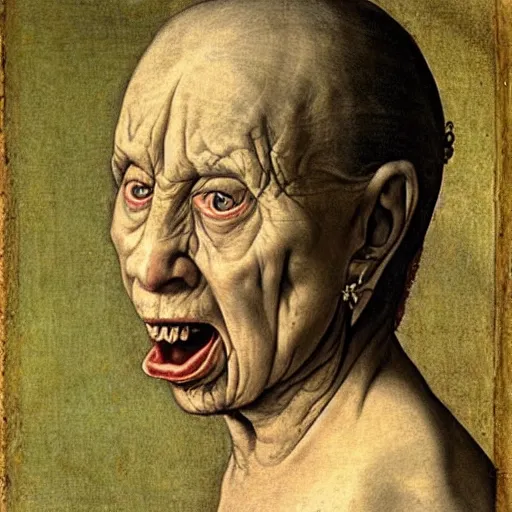 Image similar to an ugly very old woman, witch, angry, hate, mannerism, by Agnolo Bronzino