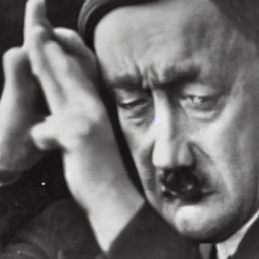 Image similar to hitler pointing a gun to his head while crying, close - up shot