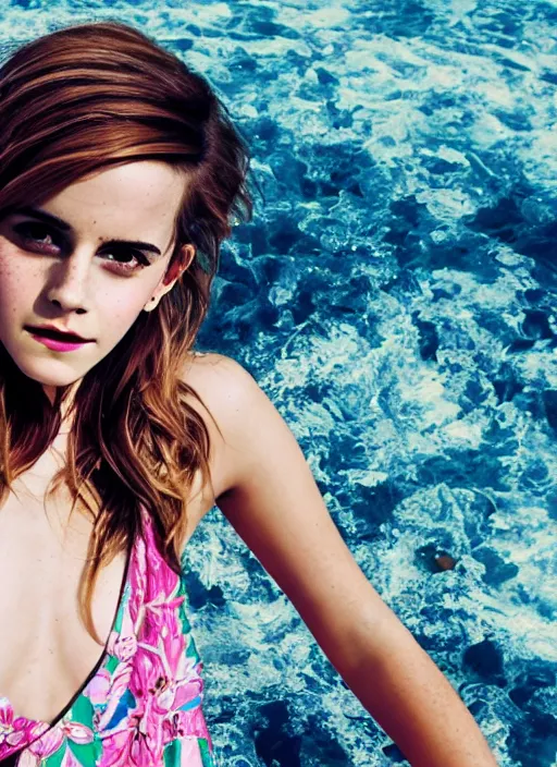 Image similar to Emma Watson for Victorian Secret, perfect face, hot summertime hippie, psychedelic swimsuit, beach, full length shot, XF IQ4, 150MP, 50mm, f/1.4, ISO 200, 1/160s, natural light, Adobe Photoshop, Adobe Lightroom, DxO Photolab, Corel PaintShop Pro, rule of thirds, symmetrical balance, depth layering, polarizing filter, Sense of Depth, AI enhanced