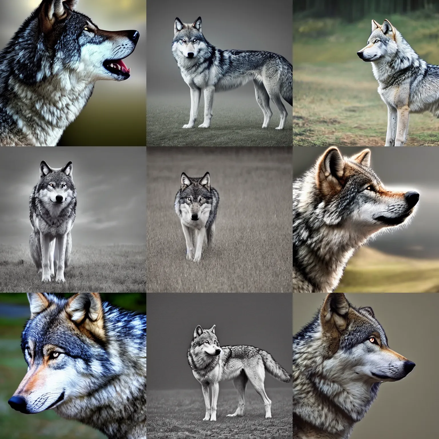 Prompt: side view of a wolf, full body photograph, overcast, soft lighting, neutral lighting