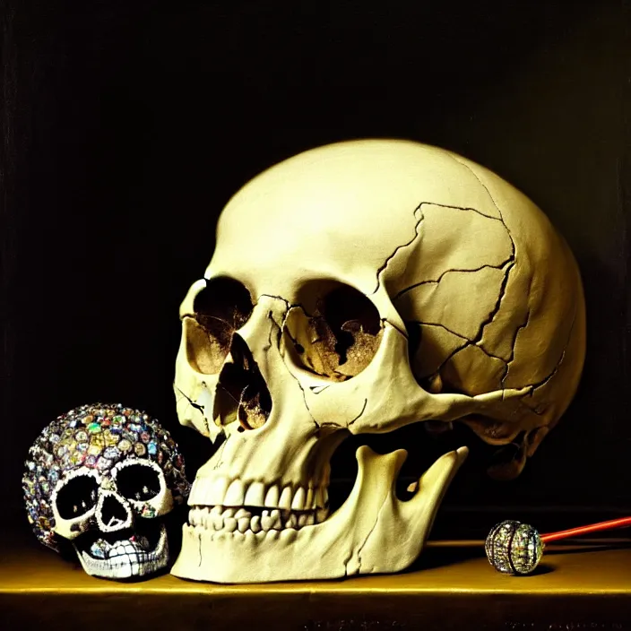 Prompt: still life painting of a skull with neon glowing crystal eyes, surrounded by various crystals, by pieter claesz, oil on canvas, strong lighting, highly detailed, hyper realism, golden hour, god rays, hd, 4 k