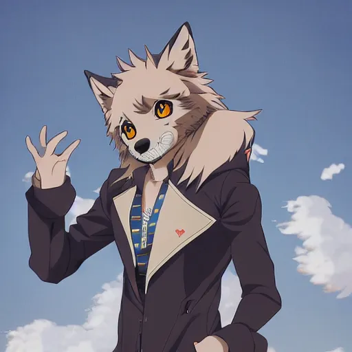 Image similar to key anime visual portrait of an anthropomorphic anthro wolf fursona, in a jacket, with handsome eyes, official modern anime art