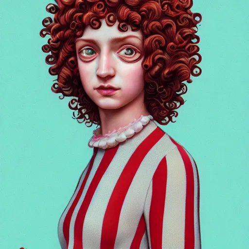 Prompt: red curly haired twins wearing striped clothes:: by Casey Weldon:: ornate, dynamic, particulate, pastel colors, intricate, elegant, highly detailed, centered, artstation, smooth, sharp focus, octane render, 3d