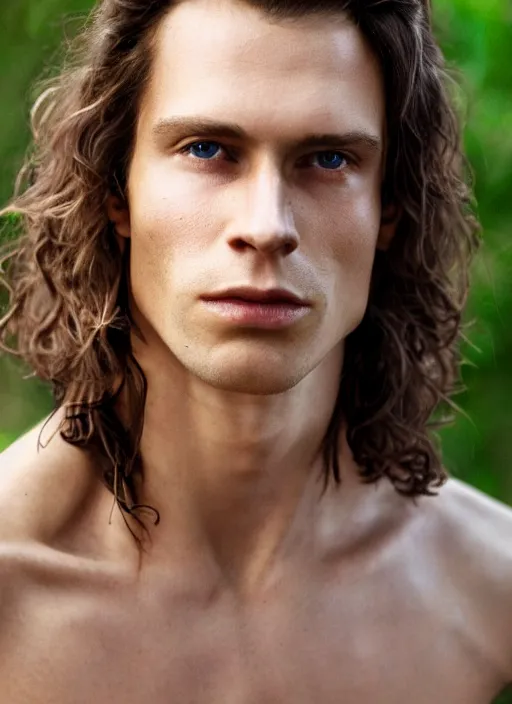 Image similar to a very skinny young Tarzan close-up portrait of young white male, with long dark brown slicked back hair shoulder length