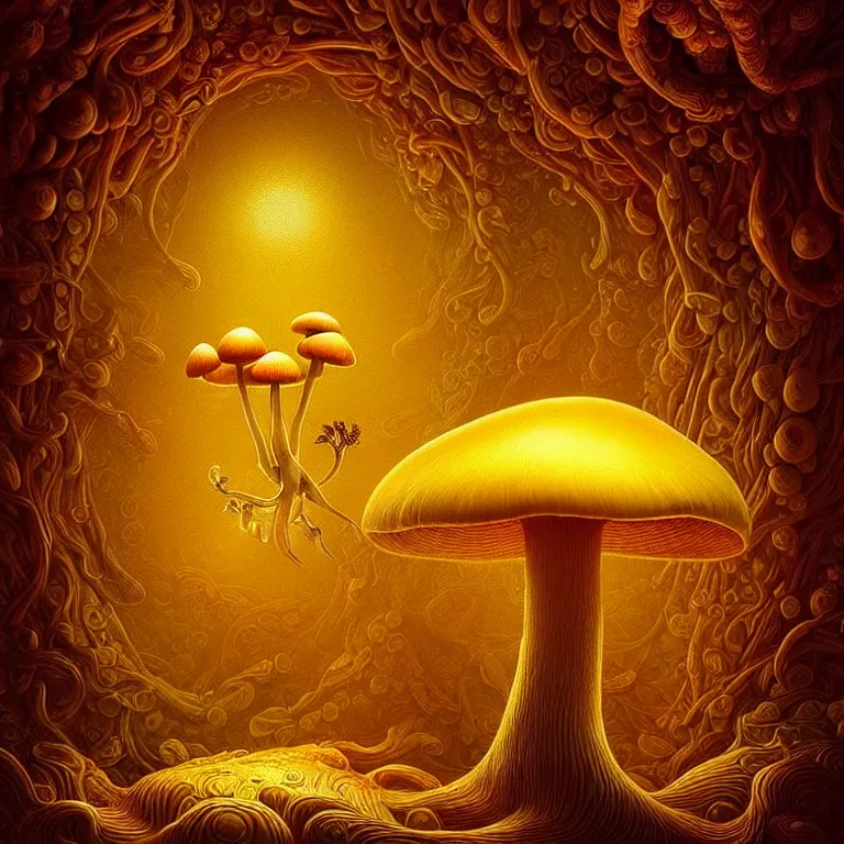 Image similar to epic professional digital art of cheerful mushroom, golden atmospheric lighting, painted, intricate, detailed, cheerful, fun, exciting, by leesha hannigan, wayne haag, reyna rochin, ignacio fernandez rios, mark ryden, iris van herpen,, epic, stunning, gorgeous, much wow, cinematic, masterpiece.