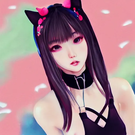 Image similar to realistic detailed semirealism beautiful gorgeous cute Blackpink Lalisa Manoban wearing school uniform, black hair black cat ears, black leather choker, proportional body, WLOP, Aztodio, Taejune Kim, sakimichan, ArtGerm, Pixiv, Instagram, Artstation