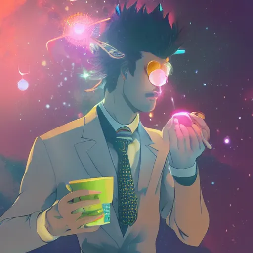 Image similar to A man drinking a cup of cosmic energy bright light by Masafumi Harada, 4k, digital art, surreal, anime style, space dandy style, highly detailed, godsend, artstation