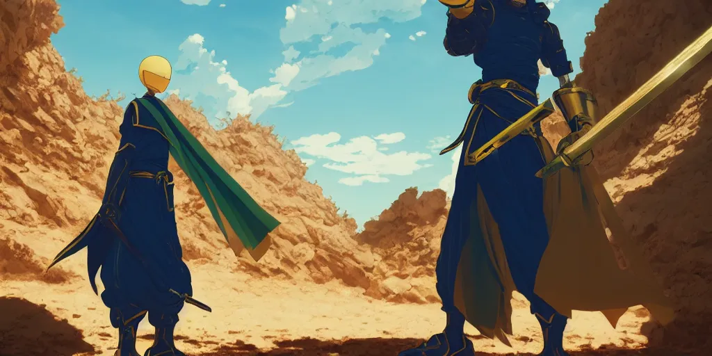 Image similar to blue knight holding a gold sword, green hatchback car screen left, low wide angle, anime, desert landscape, greg rutkowski, Murata, one punch man manga, cinematic, digital art, hyper realistic