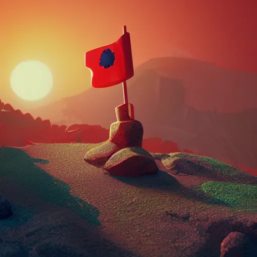 Image similar to a plastic lego toy standing with Soviet flag on a mountain against the sunset, everything is on fire, painting by Craig Mullins, octane rendering, soft morning lighting, wide angle lens, in the style of Hayao Miyazaki, trending on artstation