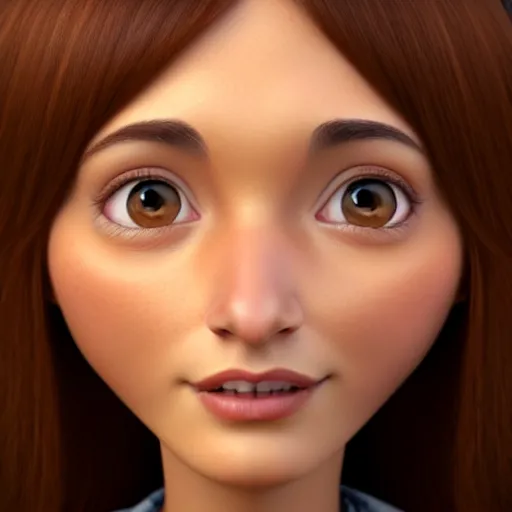 Prompt: A portrait of a round face woman, a cute 3d cgi toon woman with brown hair in a Bob, brown eyes, full face, olive skin, romanian heritage, medium shot, mid-shot, hyperdetailed, 8k, trending on artstation, as a Pixar character