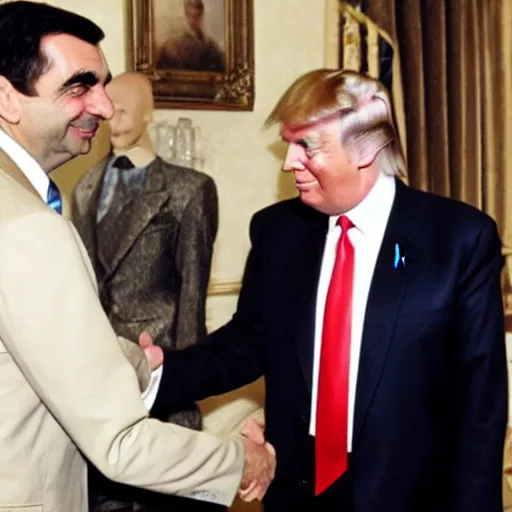 Image similar to mr bean shaking hands with donald trump