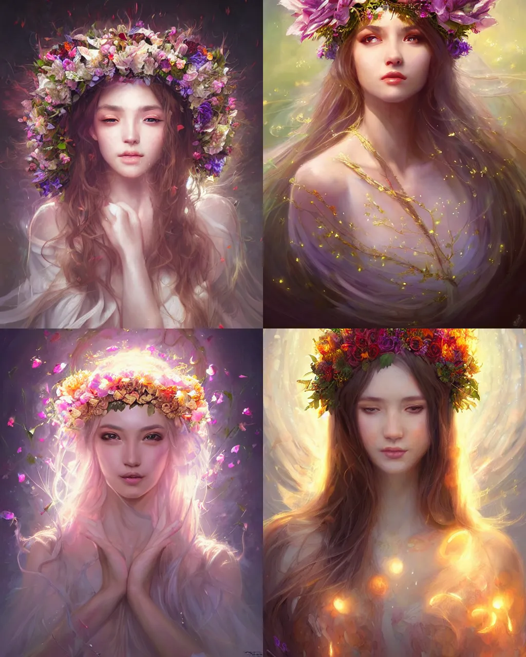 Prompt: portrait of a priestess adorning a flower crown, vortex of petals and light, by WLOP and artgerm and tony sart