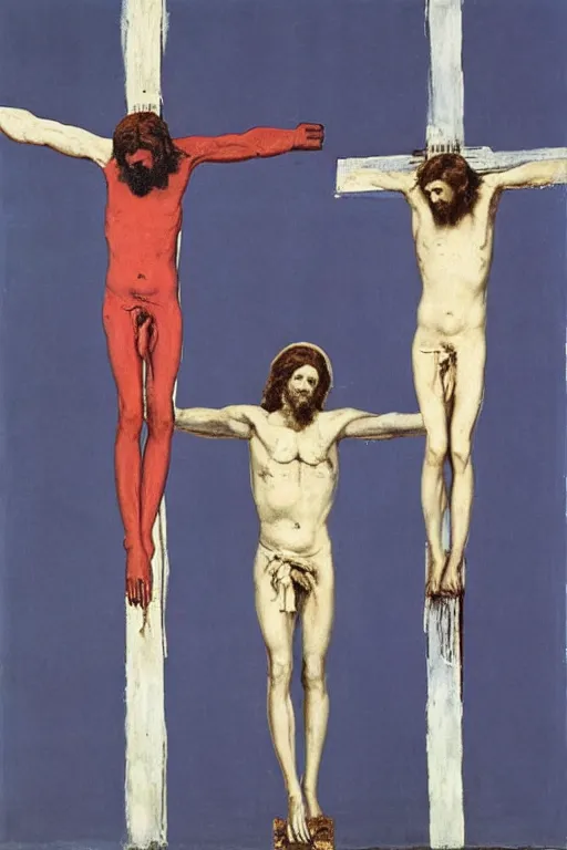 Image similar to jesus christ crucified painted by cy twombly and andy warhol