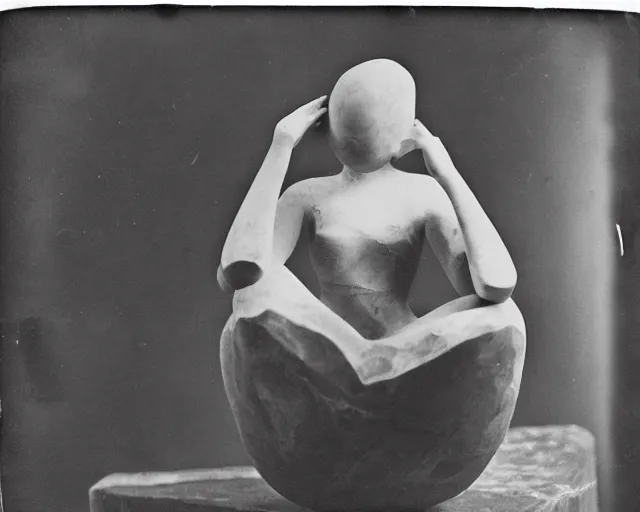 Prompt: a black and white photo of a person in a ball, a marble sculpture by Dora Maar, featured on flickr, new objectivity, tintype photograph, ambrotype, calotype