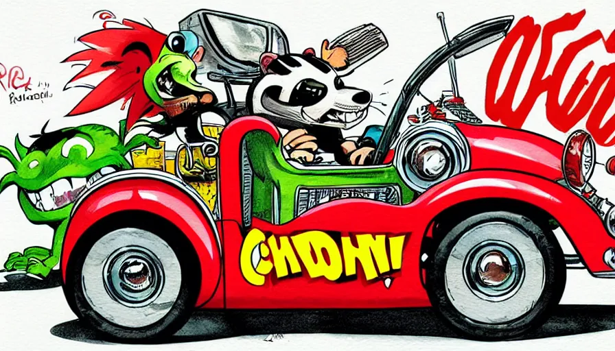 Image similar to funny, comic book style, racoon riding in a tiny hot rod coupe with oversized engine, ratfink style by ed roth, centered award winning watercolor pen illustration, by chihiro iwasaki, edited by range murata