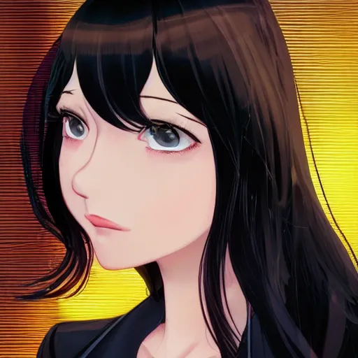 Image similar to a portrait of a beautiful girl with long black hair and bangs, wearing 1940's fashion, she has dark brown eyes and pale skin, she is facing towards the camera, city at nightime background, low-key neon lighting, 4k, HQ, official media, anime key visual, makoto shinkai, ilya kuvshinov, lois van baarle, rossdraws, detailed, trending on artstation