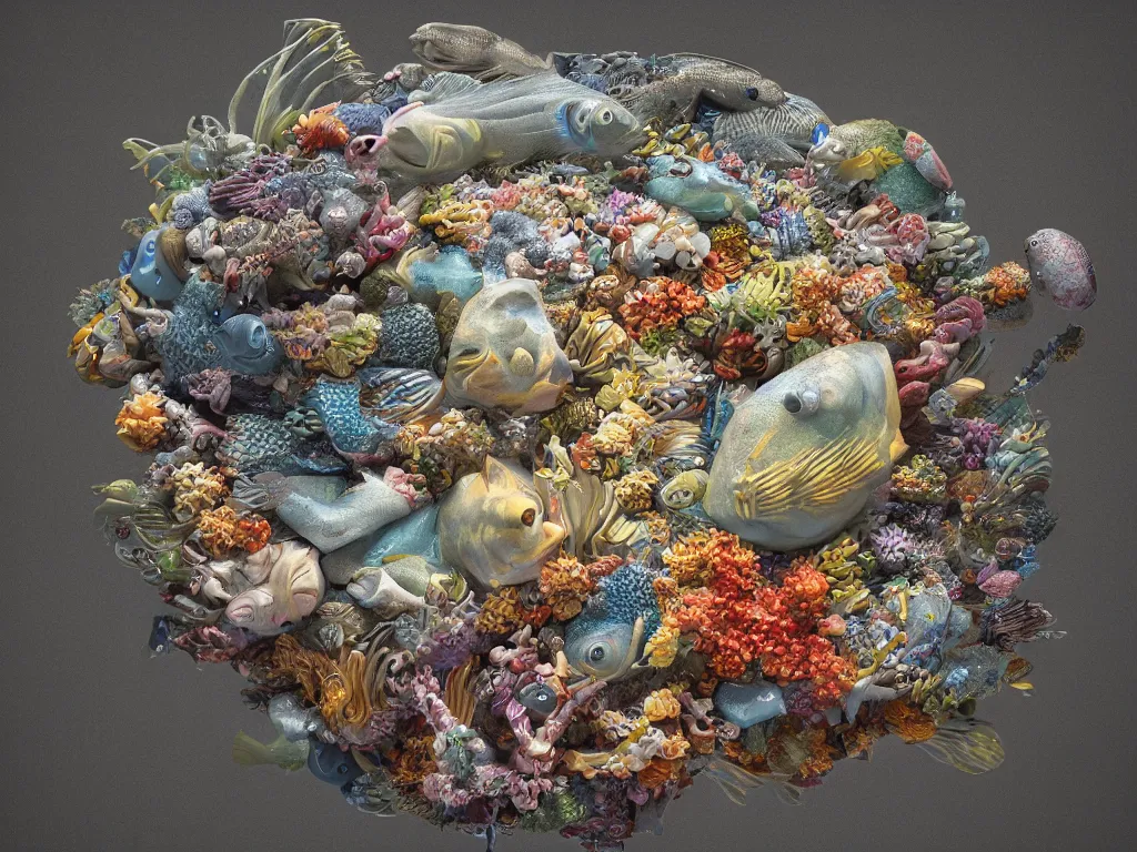 Prompt: a sculpture of fish ocean intertwined, a lovely cornucopia of flowers and human body parts, body parts, authentic, highly detailed, octane render, cinematic, shock, sharp focus, ball, an independent psycho,