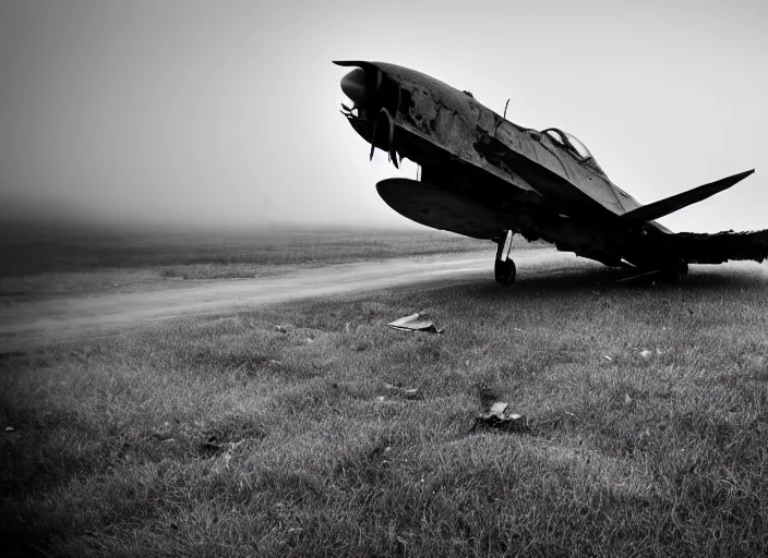 Image similar to black and white photograph of a crashed abandoned fighter jet in kansascity, rainy and foggy, soft focus