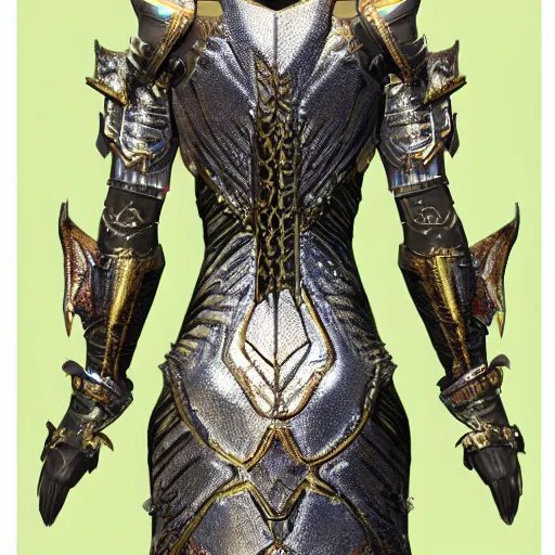 Image similar to concept art of a dragon scale armor dress. bright metallics, ornate detail. in the style of crystal dynamics